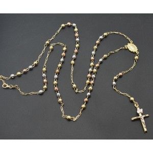 10k Solid Yellow Gold Colored Beads Rosary Virgin Mary Jesus Cross Necklace 24"